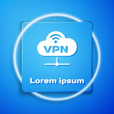 Mavi arka planda yalıtılmış Beyaz Vpn Ağı bulut bağlantı simgesi. Sosyal teknoloji. Bulut bilgi işlem konsepti. Mavi kare düğmesi. Vektör İllüstrasyonu