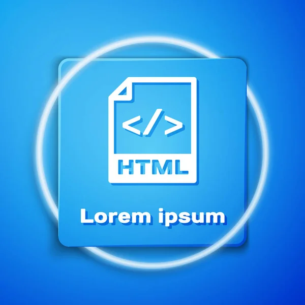 Beyaz Html dosya belgesi. Mavi arka planda yalıtılmış html düğmesi simgesini indirin. Html dosya simgesi. Biçimlendirme dili sembolü. Mavi kare düğmesi. Vektör İllüstrasyonu — Stok Vektör