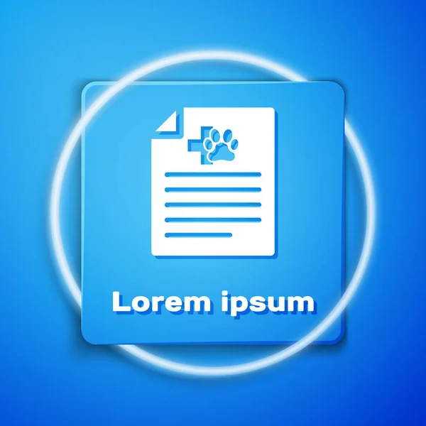 Білий медичний сертифікат для подорожей з піктограмою собаки або кішки ізольовано на синьому фоні. Документ для домашньої тварини. Собака або котяча лапа друкують. Блакитна квадратна кнопка. Векторна ілюстрація — стоковий вектор
