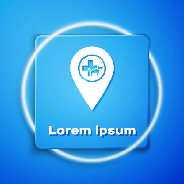White Map pointer with veterinary medicine hospital, clinic or pet shop for animals icon isolated on blue background. Vet or veterinarian clinic. Blue square button. Vector Illustration