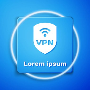 Beyaz Kalkan Vpn ve wifi kablosuz internet ağı simge simgesi mavi arka plan üzerinde izole ile. Vpn güvenlik kavramını koruyun. Mavi kare düğmesi. Vektör İllüstrasyonu