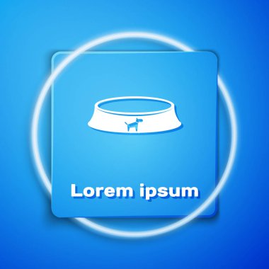 Mavi arka plan üzerinde izole kedi veya köpek simgesi için Beyaz Pet gıda kase. Mavi kare düğmesi. Vektör İllüstrasyonu