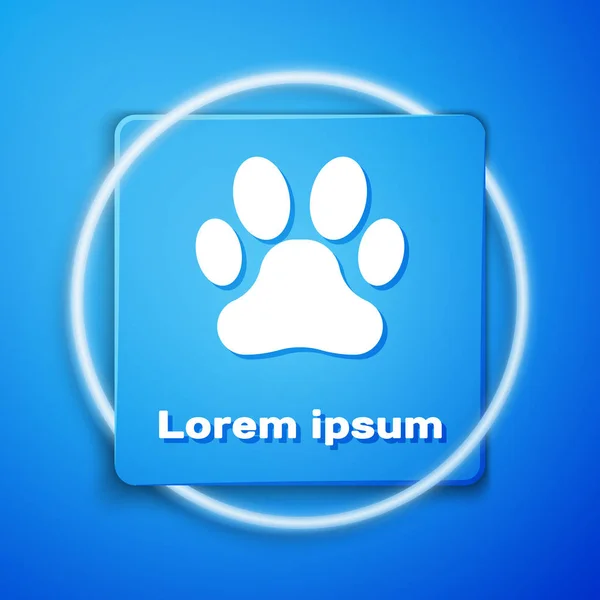 White Paw print icon isolated on blue background. Dog or cat paw print. Animal track. Blue square button. Vector Illustration