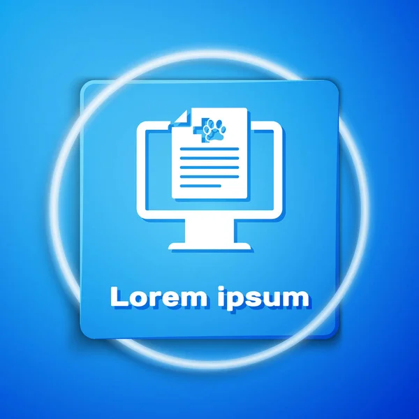 Білий медичний клінічний рекорд ПЕТ на моніторі значок ізольований на синьому фоні. Форма медичного страхування. Рецепт, медична перевірка відзначає звіт. Синя квадратна кнопка. Векторна ілюстрація — стоковий вектор