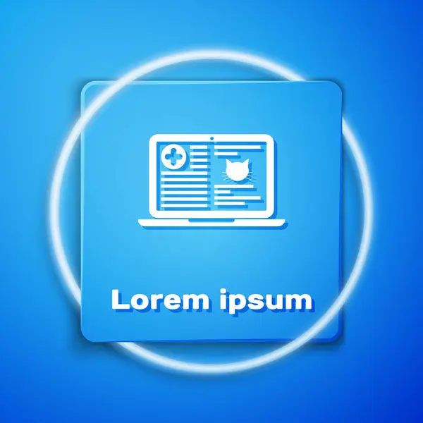 White Medical clinical record cat on laptop icon isolated on blue background. Health insurance form. Prescription, medical check marks report. Blue square button. Vector Illustration — Διανυσματικό Αρχείο