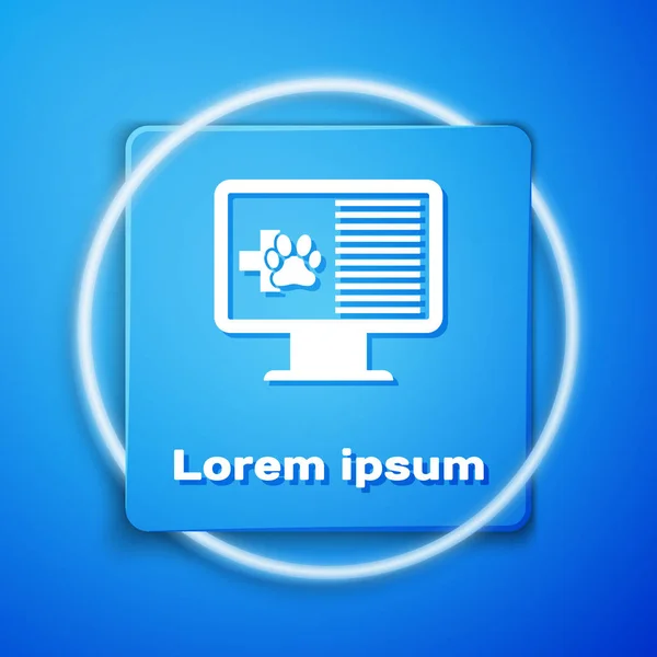 Beyaz Tıbbi klinik kayıt pet monitör simgesi mavi arka plan üzerinde izole. Sağlık sigortası formu. Reçete, tıbbi kontrol izleri raporu. Mavi kare düğmesi. Vektör İllüstrasyonu — Stok Vektör