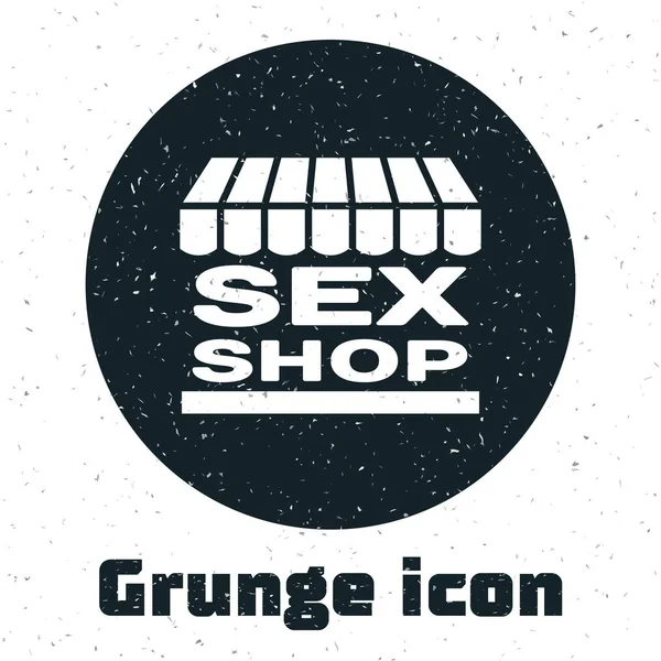 Grunge Sex shop building con icono de toldo a rayas aislado sobre fondo blanco. Tienda de sexo, tienda de sexo en línea, concepto de productos eróticos para adultos. Ilustración vectorial — Vector de stock