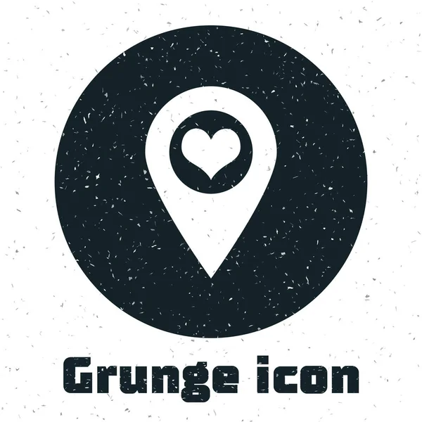Grunge Map pointer with heart icon isolated on white background. Vector Illustration