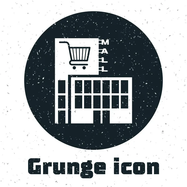 Grunge Mall o edificio de supermercados con icono de carrito de compras aislado sobre fondo blanco. Tienda o tienda. Ilustración vectorial — Vector de stock