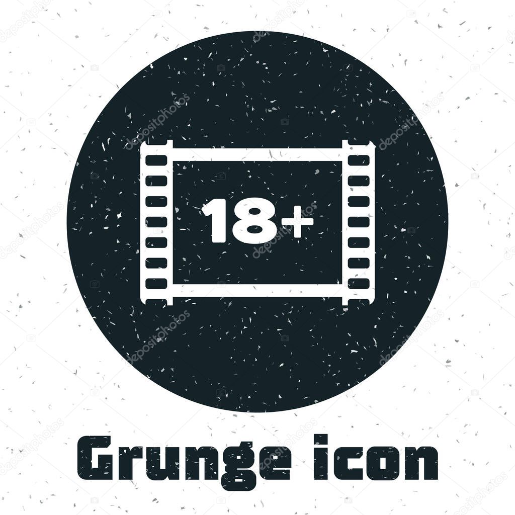 Grunge Play Video with inscription 18 plus icon isolated on white background. Age restriction symbol. 18 plus content sign. Adult channel. Vector Illustration