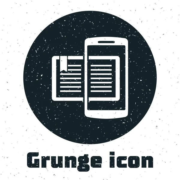 Grunge-Smartphone und Buch-Symbol isoliert auf weißem Hintergrund. Online-Lernen oder E-Learning-Konzept. Vektorillustration — Stockvektor