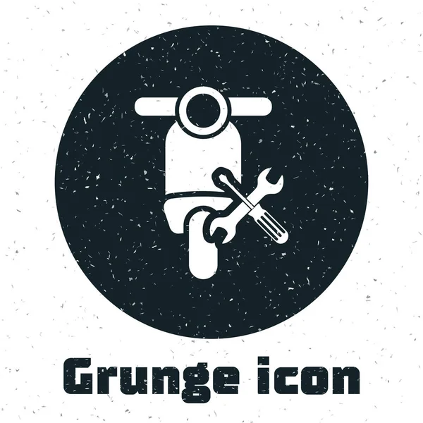 Grunge Scooter with screwdriver and wrench icon isolated on white background. Adjusting, service, setting, maintenance, repair, fixing. Vector Illustration — Stock Vector