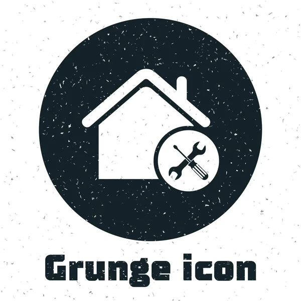 Grunge House or home with screwdriver and wrench icon isolated on white background. Adjusting, service, setting, maintenance, repair, fixing. Vector Illustration — Stock Vector