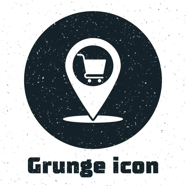 Grunge Mapa ponteiro com carrinho de compras ícone isolado no fundo branco. Pin Point Shop e compras. Símbolo da cesta de supermercado. Ilustração vetorial — Vetor de Stock