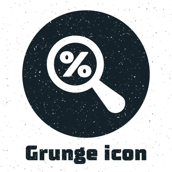 Lupa Grunge con icono de descuento por ciento aislado sobre fondo blanco. Descuento ofertas de búsqueda. Buscar signo de venta de descuento. Ilustración vectorial — Vector de stock