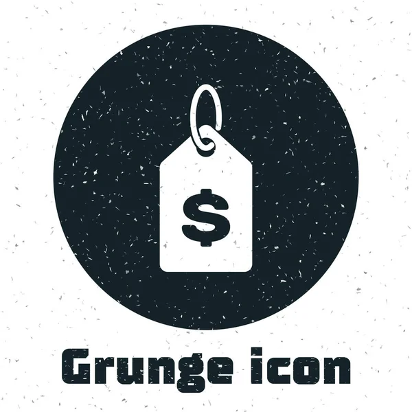 Grunge Etiqueta de precio con icono de dólar aislado sobre fondo blanco. Insignia por precio. Venta con símbolo de dólar. Descuento de etiqueta promocional. Ilustración vectorial — Vector de stock