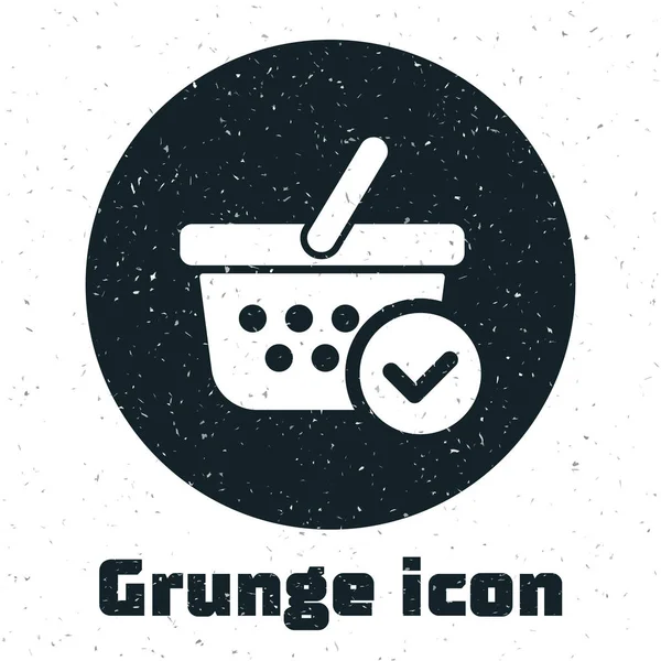 Cesta Grunge Shopping con icono de marca de verificación aislado sobre fondo blanco. Cesta de supermercado con aprobado, confirmar, marcar, símbolo completado. Ilustración vectorial — Vector de stock