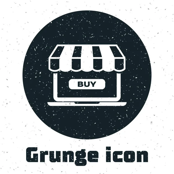 Grunge Conceito de compras online. Comprar na tela ícone laptop isolado no fundo branco. Conceito e-commerce, marketing de negócios online. Ilustração vetorial — Vetor de Stock