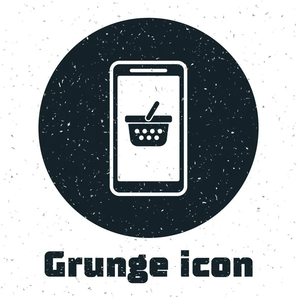 Grunge-Handy und Warenkorb-Symbol isoliert auf weißem Hintergrund. Online-Kauf-Symbol. Supermarkt-Warenkorb Symbol. Vektorillustration — Stockvektor