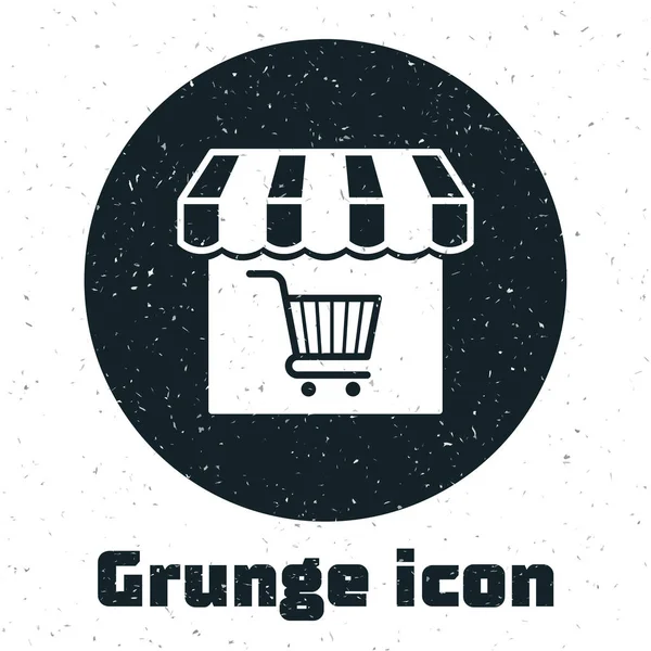 Grunge Shopping building ou magasin de marché avec icône panier isolé sur fond blanc. Construction de magasins. Symbole de panier de supermarché. Illustration vectorielle — Image vectorielle