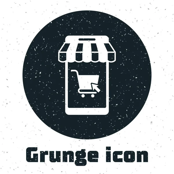 Grunge-Handy und Einkaufswagen mit gestreiftem Markisensymbol isoliert auf weißem Hintergrund. Online-Kauf-Symbol. Supermarkt-Warenkorb Symbol. Vektorillustration — Stockvektor