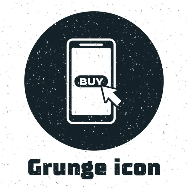Grunge Мобільний телефон і значок кошика ізольовані на білому тлі. Онлайн символ купівлі. Символ кошика супермаркету. Векторна ілюстрація — стоковий вектор