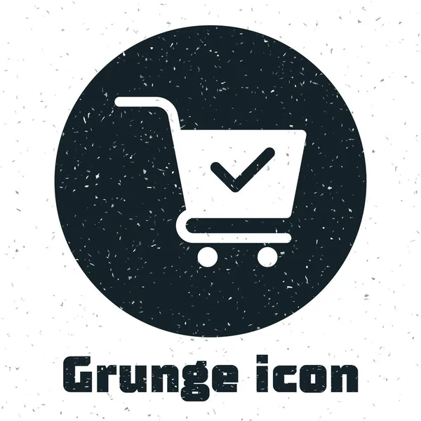 Grunge-Warenkorb mit Häkchen-Symbol auf weißem Hintergrund. Supermarkt-Warenkorb mit genehmigtem, bestätigtem, fertig, Häkchen, ausgefülltem Symbol. Vektorillustration — Stockvektor