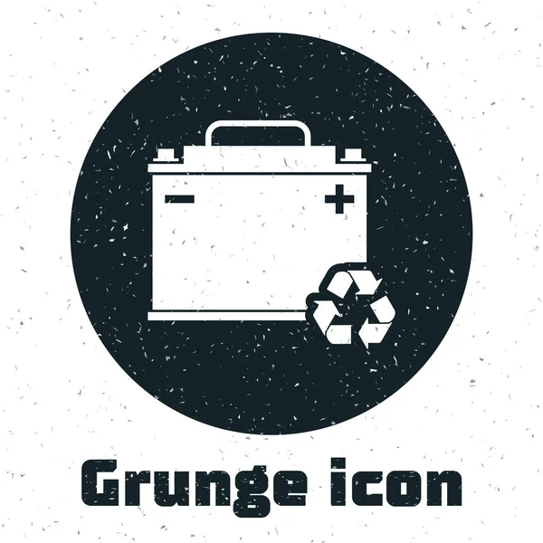 Grunge Car batería con icono de reciclaje aislado sobre fondo blanco. Acumulador de energía de la batería y la batería acumulador de electricidad. Ilustración vectorial — Vector de stock