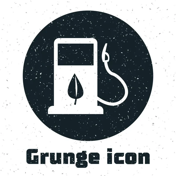 Concepto de combustible Grunge Bio con boquilla de repostaje e icono de hoja aislado sobre fondo blanco. Gasolinera con hojas. Eco repostaje. Ilustración vectorial — Vector de stock