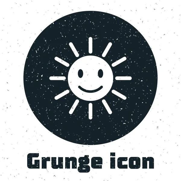 Grunge Lindo sol con icono de sonrisa aislado sobre fondo blanco. Divertido sol sonriente. Feliz sonrisa soleada. Ilustración vectorial — Archivo Imágenes Vectoriales