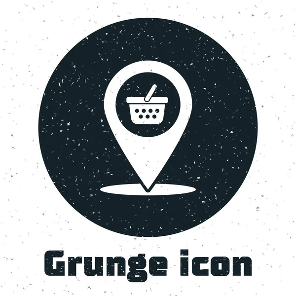 Grunge Map pekare med varukorg ikon isolerad på vit bakgrund. Stift punkt butik och shopping. Korgsymbol för snabbköp. Vektor Illustration — Stock vektor