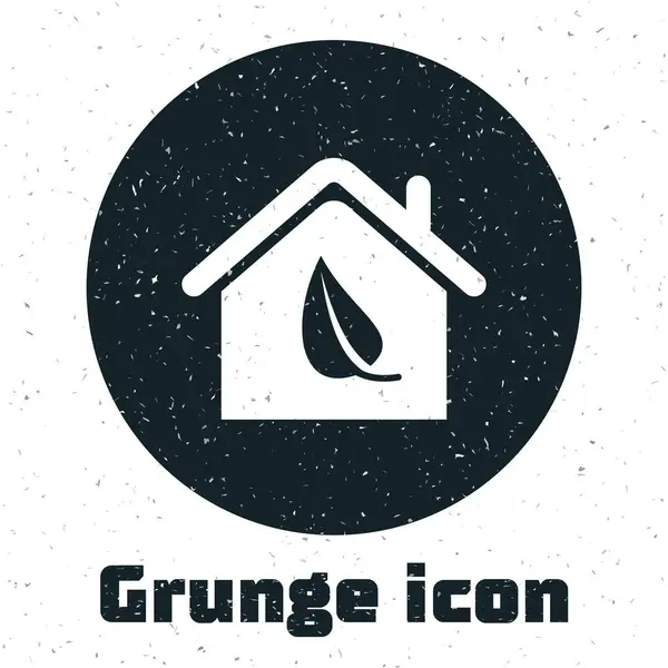 Grunge Eco icono de la casa amigable aislado sobre fondo blanco. Eco casa con hoja. Ilustración vectorial — Vector de stock