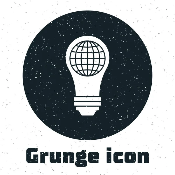 Grunge Light Žárovka s ikonou uvnitř světového glóbu izolovaná na bílém pozadí. Planeta Země na lampu. Globální ekologická koncepce. Vektorová ilustrace — Stockový vektor