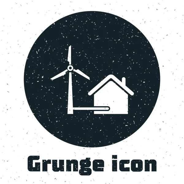 Casa Grunge con turbina eólica para icono de generación de energía eléctrica aislado sobre fondo blanco. Casa respetuosa con el medio ambiente. Protección Ambiental. Ilustración vectorial — Vector de stock