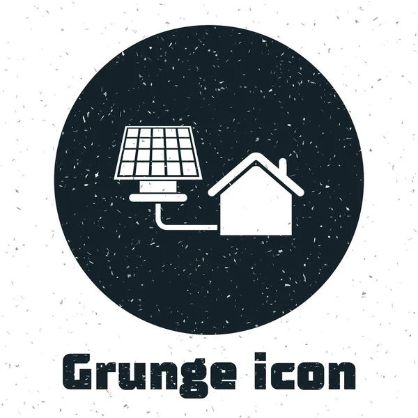 Casa Grunge con icono de panel solar aislado sobre fondo blanco. Ecología, energía solar renovable. Casa respetuosa con el medio ambiente. Protección Ambiental. Ilustración vectorial — Vector de stock