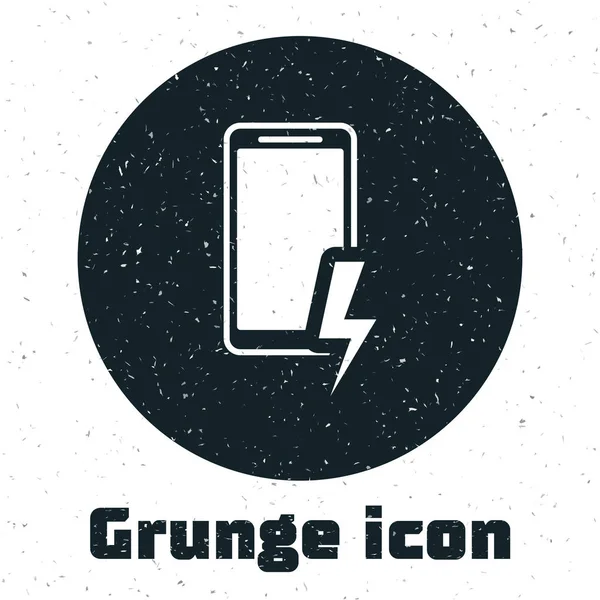 Grunge Smartphone Ladeakku-Symbol isoliert auf weißem Hintergrund. Telefon mit einer niedrigen Akkuladung. Vektorillustration — Stockvektor