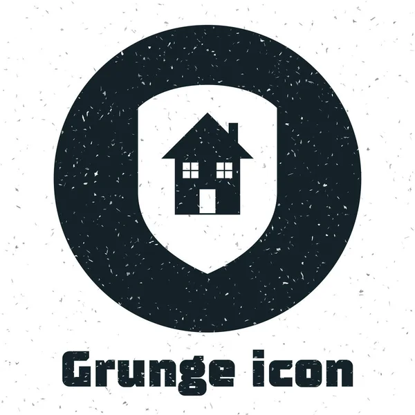 Grunge House sob ícone de proteção isolado no fundo branco. Casa e escudo. Protecção, segurança, segurança, protecção, conceito de defesa. Ilustração vetorial — Vetor de Stock