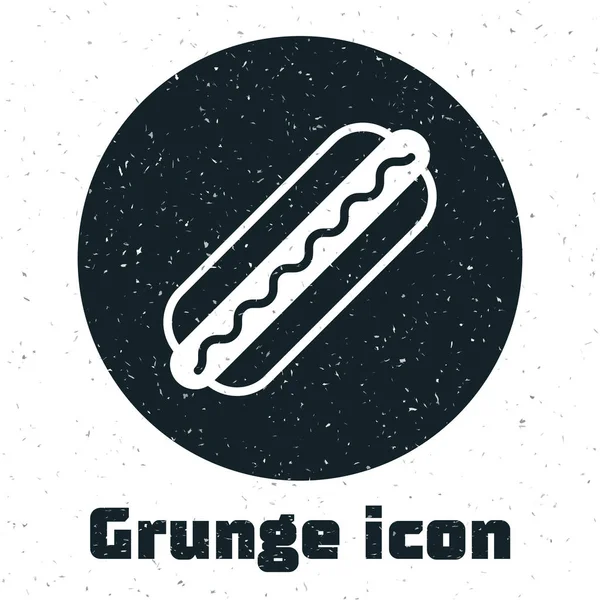 Grunge-Hotdog-Sandwich mit Senf-Symbol auf weißem Hintergrund. Wurst Ikone. Fast-Food-Schild. Vektorillustration — Stockvektor