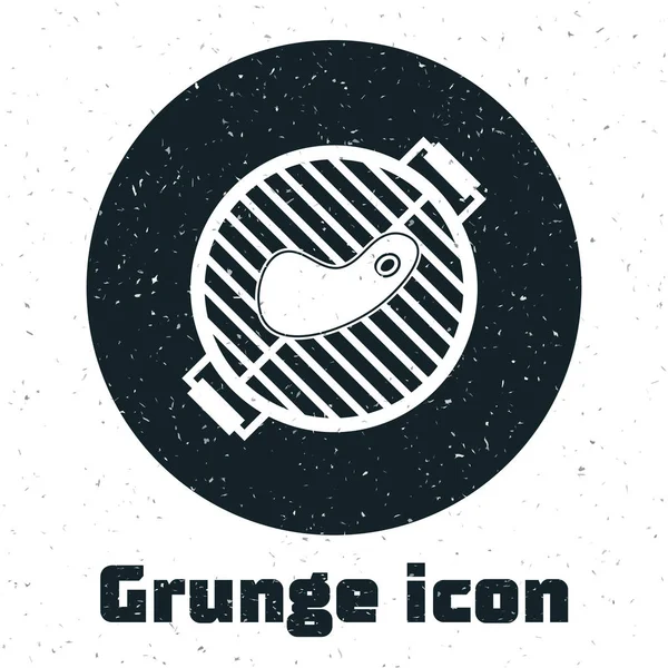 Grunge Parrilla de barbacoa con icono de filete aislado sobre fondo blanco. Fiesta a la parrilla. Ilustración vectorial — Vector de stock
