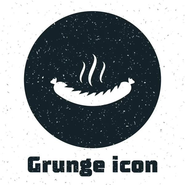 Grunge-Wurst mit Dampf-Symbol auf weißem Hintergrund. Grillwurst und Aromaschild. Vektorillustration — Stockvektor