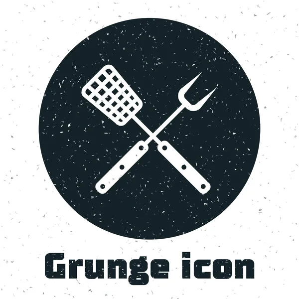 Grunge kreuzte Gabel und Spachtel Ikone isoliert auf weißem Hintergrund. Grill Gabel und Spachtel Zeichen. Grill und Grillgeräte. Vektorillustration — Stockvektor