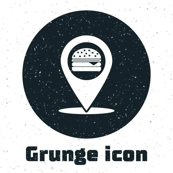 Grunge Carte pointeur avec hamburger fast food icône isolée sur fond blanc. Illustration vectorielle — Image vectorielle
