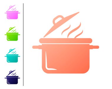 Beyaz arka planda izole Coral Cooking pot simgesi. Kaynatın veya güveç gıda sembolü. Renk simgelerini ayarlayın. Vektör İllüstrasyonu