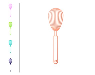 Coral Kitchen fırçaçırpın simgesi beyaz arka plan üzerinde izole. Pişirme aleti, yumurta çırpıcı. Çatal bıçak takımı işareti. Gıda karışımı sembolü. Renk simgelerini ayarlayın. Vektör İllüstrasyonu