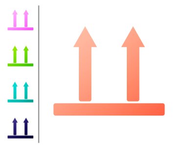 Mercan Bu yan beyaz arka plan üzerinde izole simgesi. Ambalajın üst tarafını gösteren iki ok. Kargo, bu oklar her zaman yukarı yaslar. Renk simgelerini ayarlayın. Vektör İllüstrasyonu