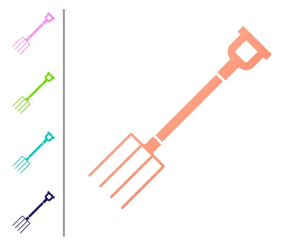 Korall kerti Pitchfork ikon elszigetelt fehér alapon. A kerti Villa jele. Szerszám kertészetben, mezőgazdaságban, gazdálkodásban. Színikonok beállítása. Vektoros illusztráció — Stock Vector