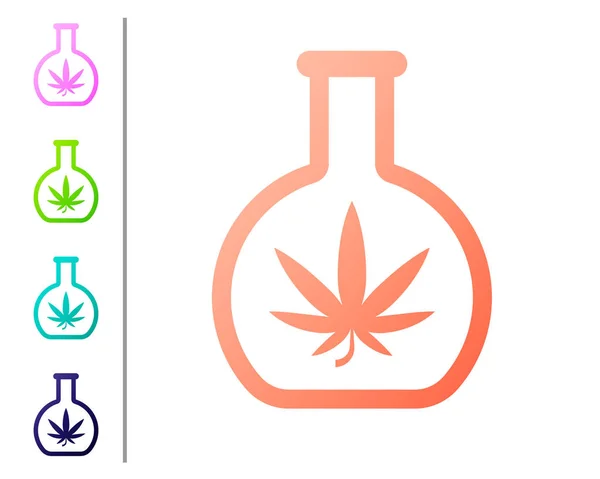 Koralle chemisches Reagenzglas mit Marihuana oder Cannabis Blatt Symbol isoliert auf weißem Hintergrund. Forschungskonzept. Labor cbd Öl-Konzept. Farbsymbole setzen. Vektorillustration — Stockvektor
