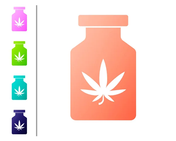 Coral Ιατρικό μπουκάλι με μαριχουάνα ή φύλλο κάνναβης εικόνα απομονώνονται σε λευκό φόντο. Mock up από εκχυλίσματα ελαίου κάνναβης σε βάζα. Ορισμός εικονιδίων χρώματος. Εικονογράφηση διανύσματος — Διανυσματικό Αρχείο
