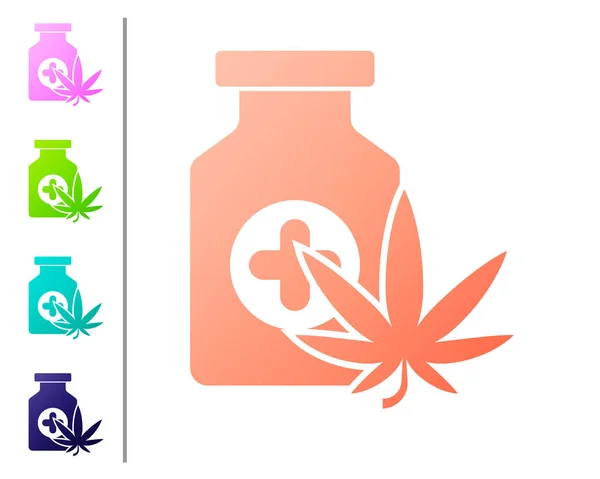 Beyaz arka planda marihuana ya da kenevir yaprağı ikonu bulunan mercan tıp şişesi. Kavanozlardaki kenevir yağı özlerini taklit et. Renk simgelerini ayarla. Vektör İllüstrasyonu — Stok Vektör