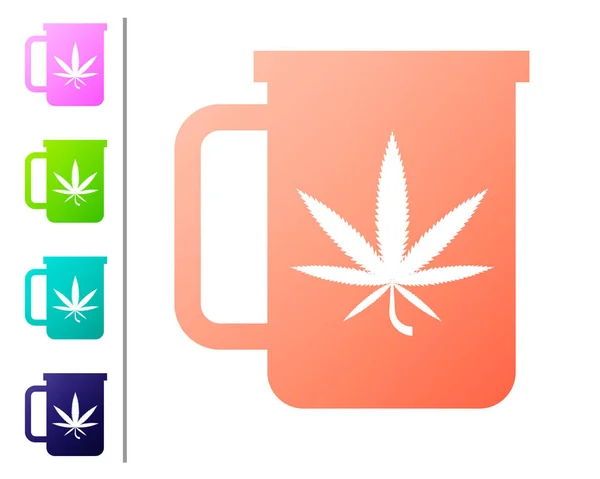 Beyaz arka plan üzerinde izole esrar veya esrar yaprağı simgesi ile Coral Cup çay. Marihuana yasallaştırma. Kenevir sembolü. Renk simgelerini ayarlayın. Vektör İllüstrasyonu — Stok Vektör